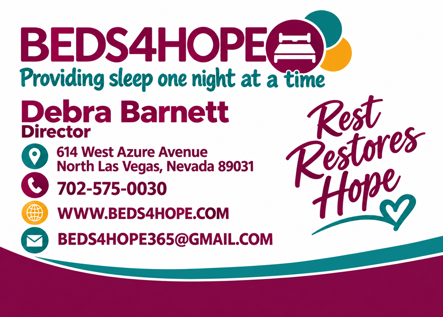 Original Beds4Hope postcard showing the bed logo, Debra Barnett’s contact details, and the words Rest Restores Hope